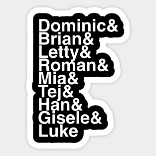 Fast and Furious Characters Helvetica List Sticker